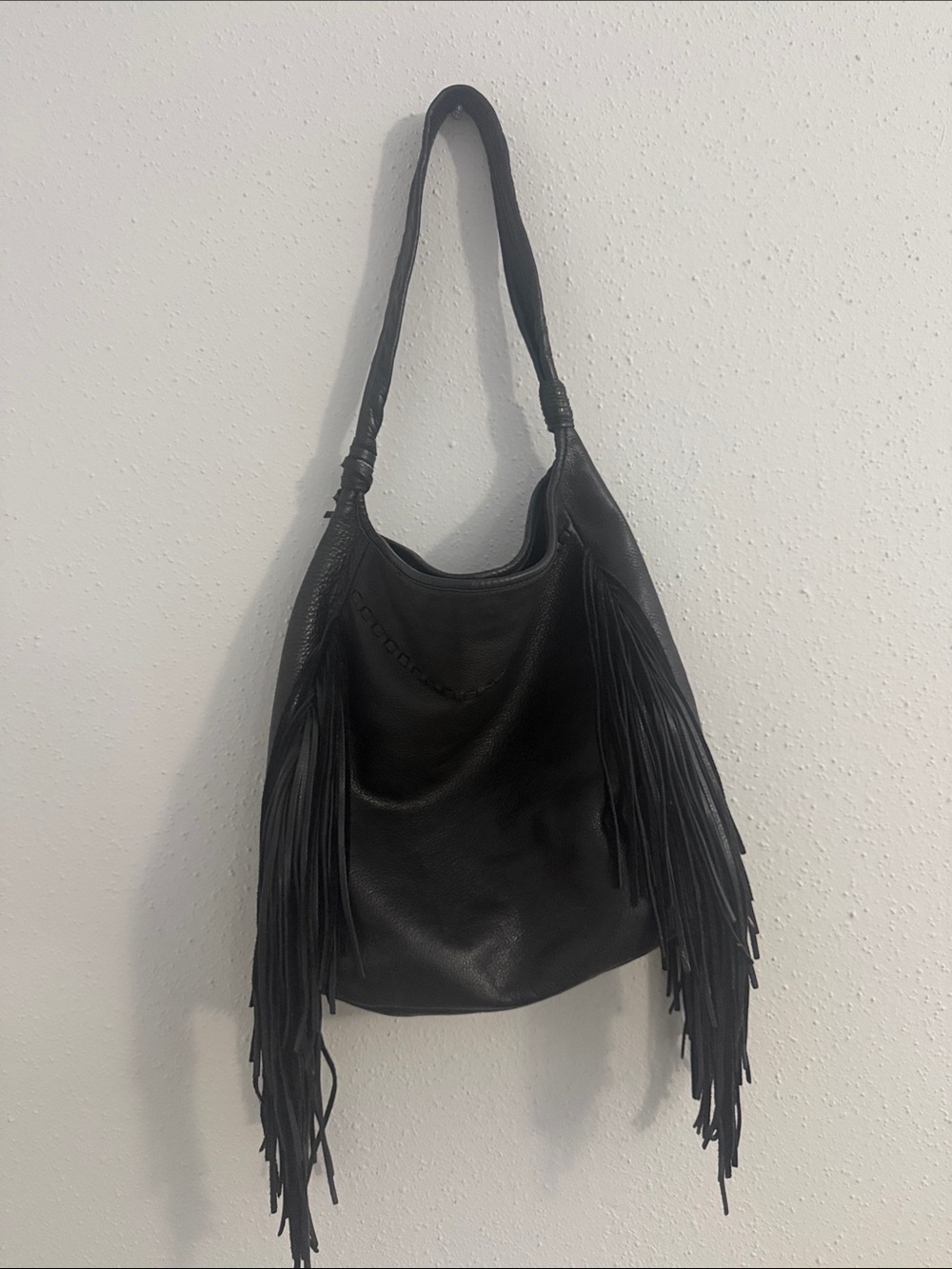 Margot Black Leather Fringe Hobo Shoulder Bag